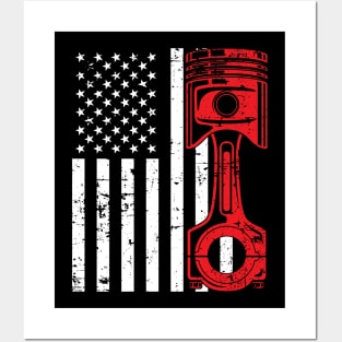 Patriotic American Flag Piston Muscle Car Vintage Distressed Posters and Art